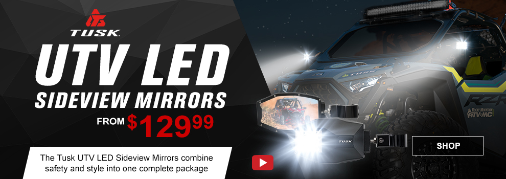 Tusk UTV LED Sideview Mirrors, from $129 and 99 cents, The Tusk UTV Mirrors combine safety and style into one complete package, video, the mirrors along with an image of a Polaris RZR with the mirrors installed and the lights on in the desert night, link, shop